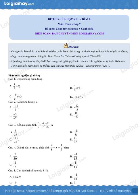 Đề thi giữa kì 1 Toán 7 - Đề số 8